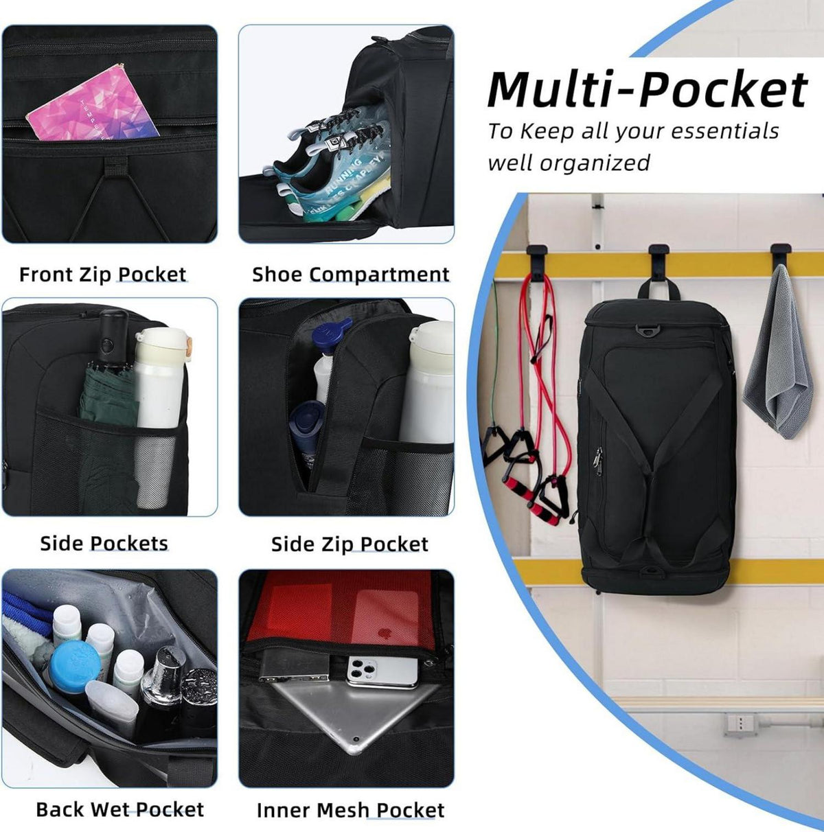 Sporttasche NUBILY 40L Schwarz Wasserdicht mit Schuhfach Duffle Gym Bag