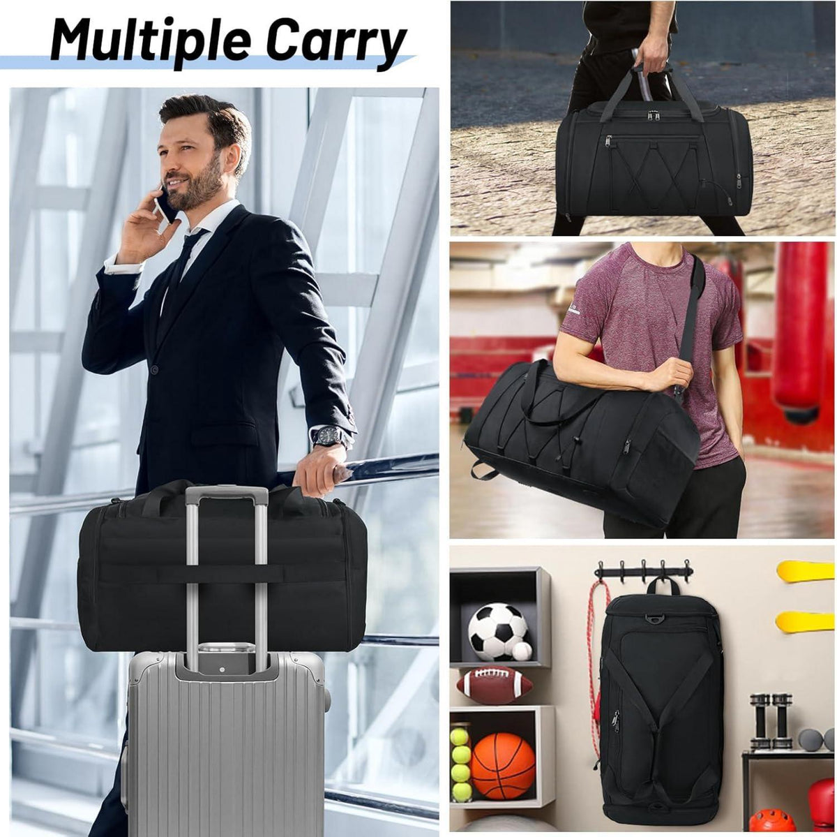 Sporttasche NUBILY 40L Schwarz Wasserdicht mit Schuhfach Duffle Gym Bag