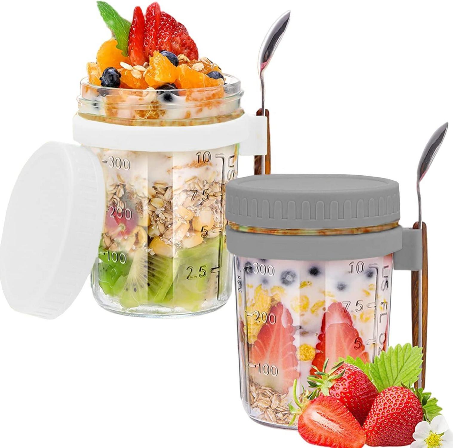 BIKALAN Glas Müslibecher 400ml to go mit Löffel Luftdicht Behälter Weiß Grau