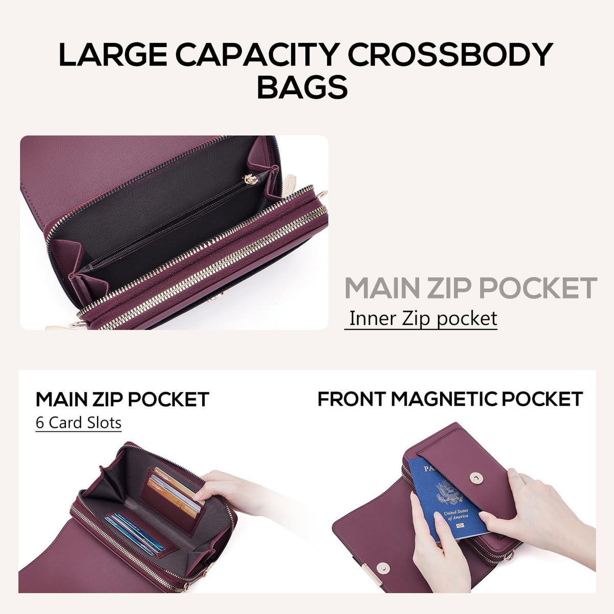 Roulens Kleine Damen Umhängetasche PU Leder Crossbody Schultertasche A-burgunderrot