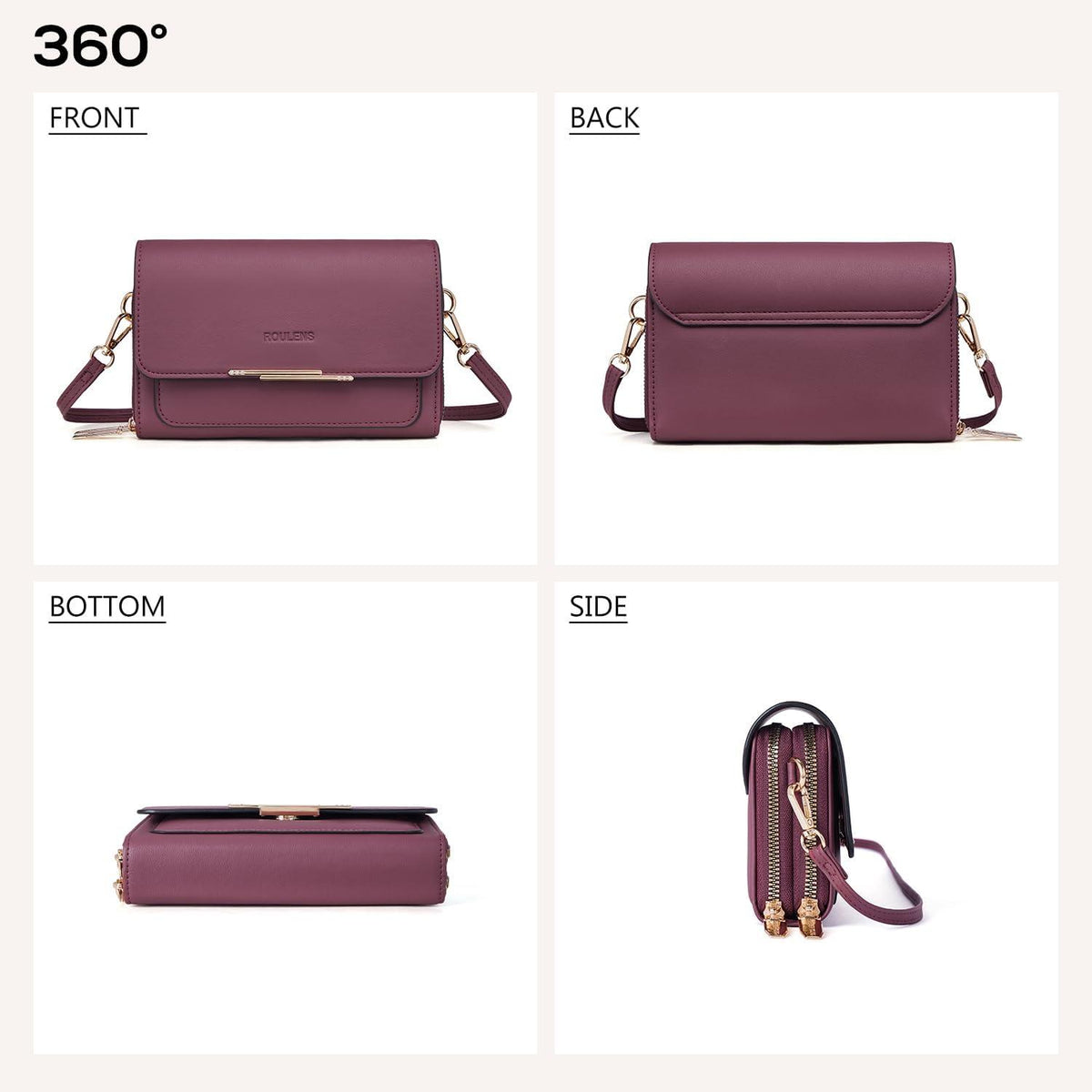 Roulens Damen Handy Umhängetasche PU Leder Crossbody A-burgunderrot