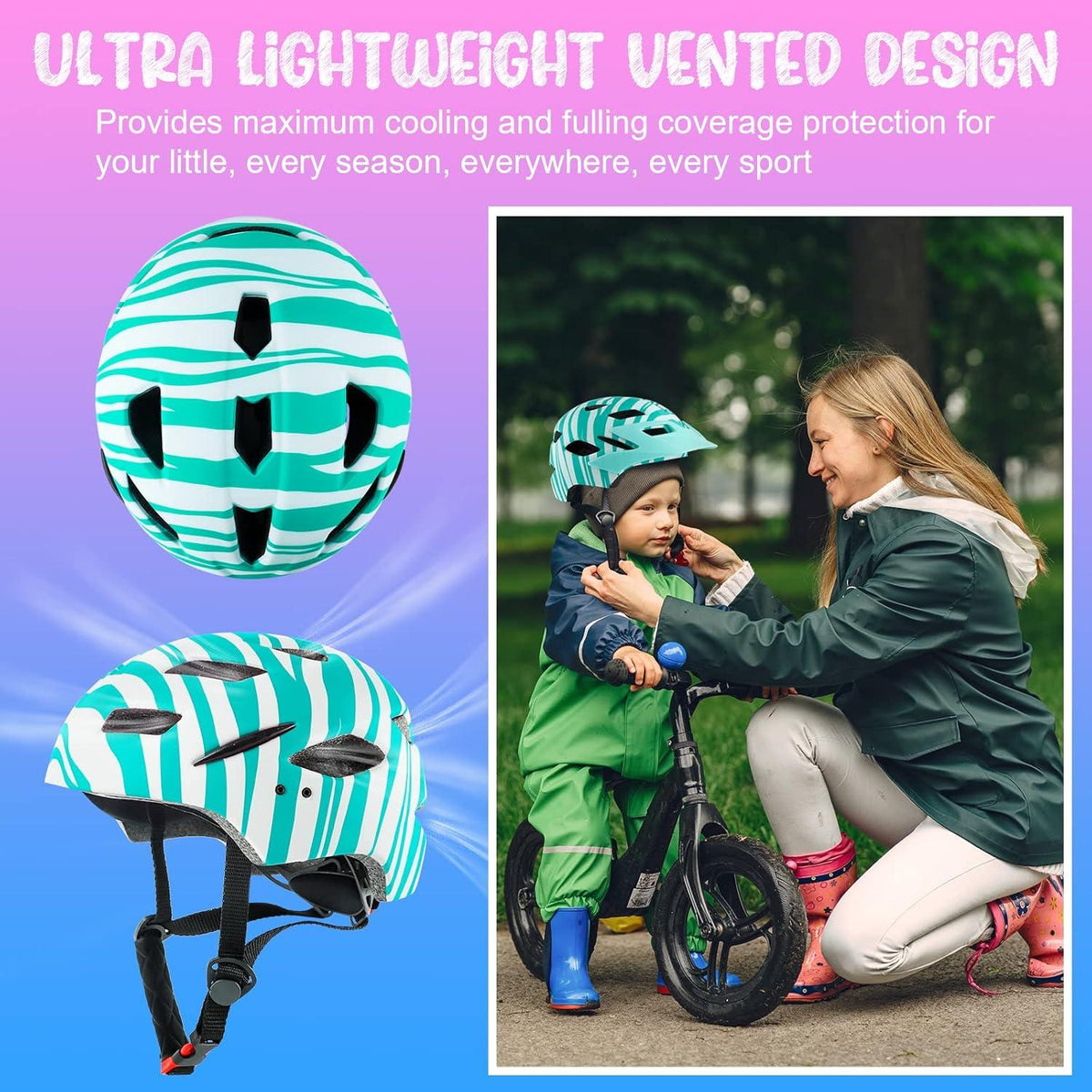 Fahrradhelm Kinder mit Licht, Leicht & verstellbar, Grün, 48-56 cm