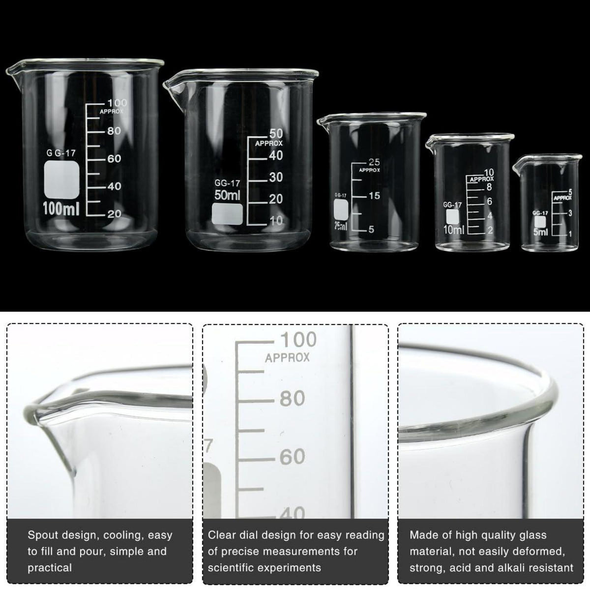 Messbecher aus Borosilikatglas Set 5 Stück 5-100ml Laborglas