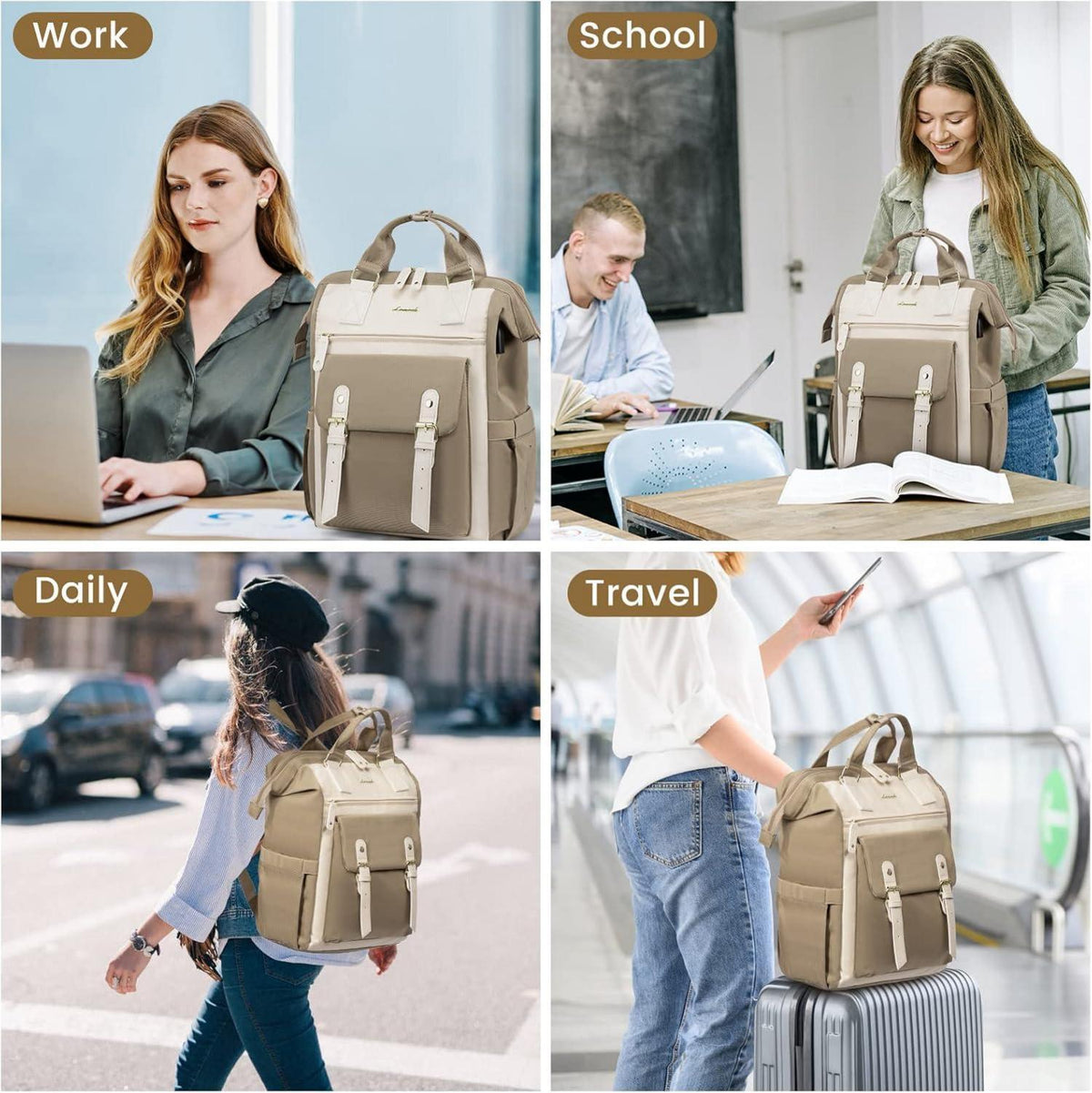 Großer Damenrucksack 17 Zoll Laptop Schulrucksack Wasserdicht Beige