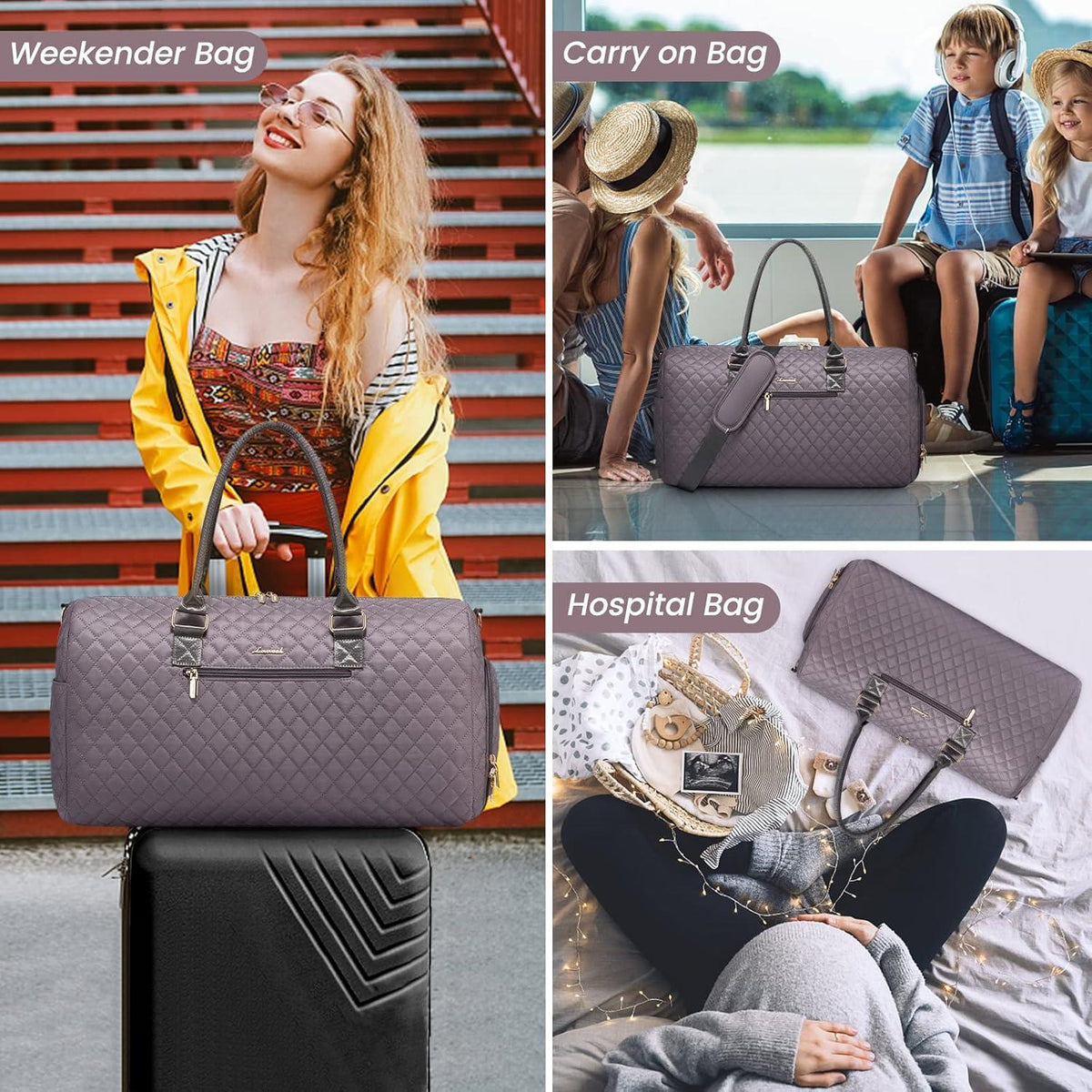 Sporttasche Damen Weekender Reisetasche wasserdicht Violett grau
