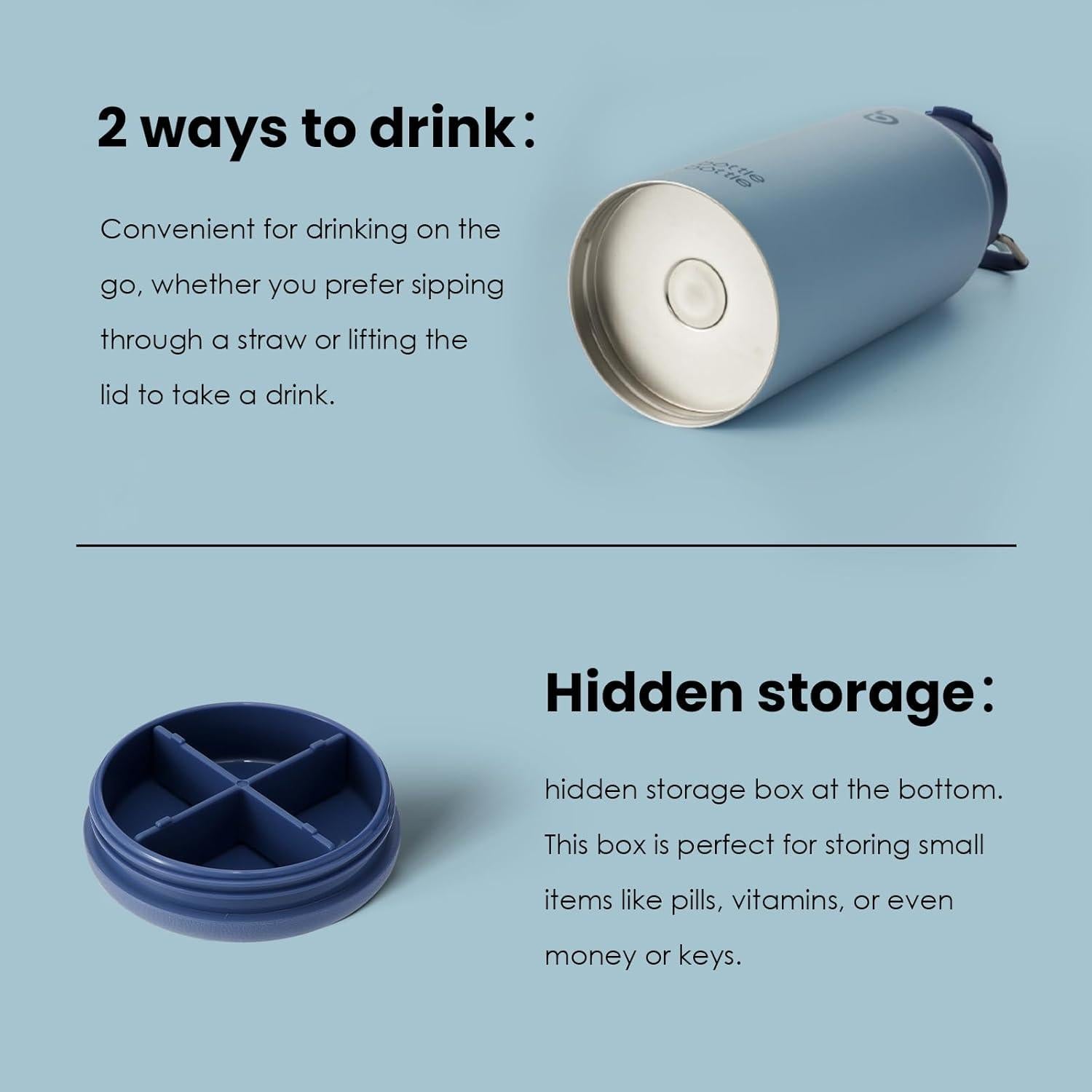 Isolierte Edelstahl Trinkflasche 1L mit Strohhalm und Pillendose, Blau