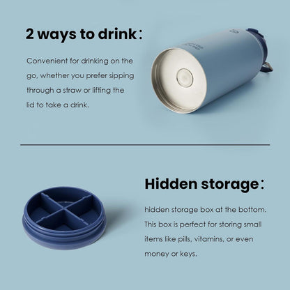 Isolierte Edelstahl Trinkflasche 1L mit Strohhalm und Pillendose, Blau
