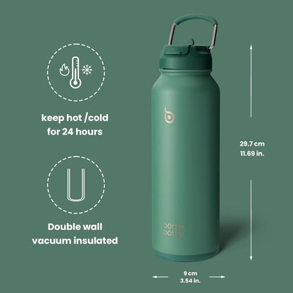 Isolierte Wasserflasche 1,2 l mit Strohhalm und Pillendose, Grün