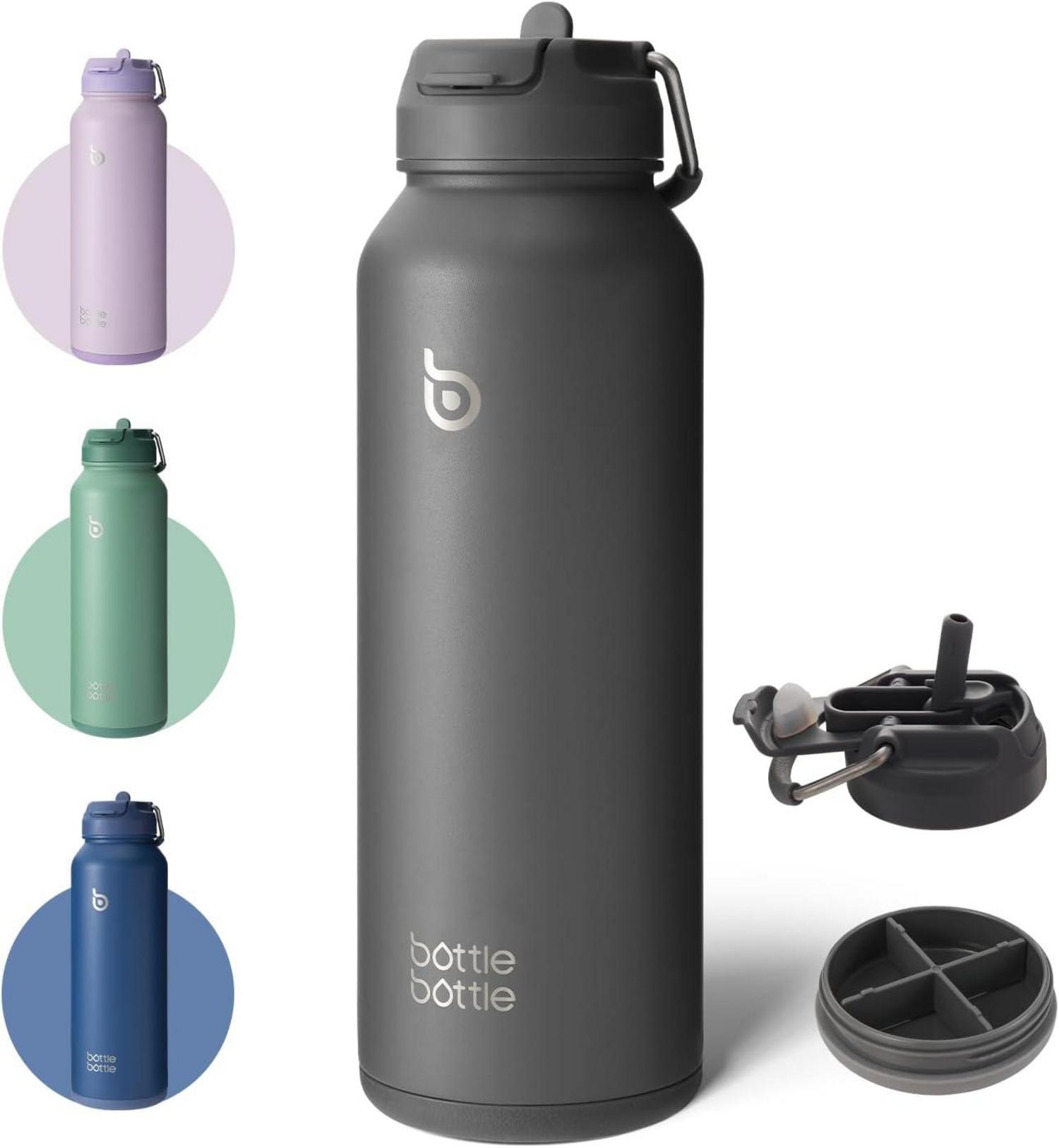 Isolierte Sport-Wasserflasche 1,2 l mit Strohhalm und Pillenhalter