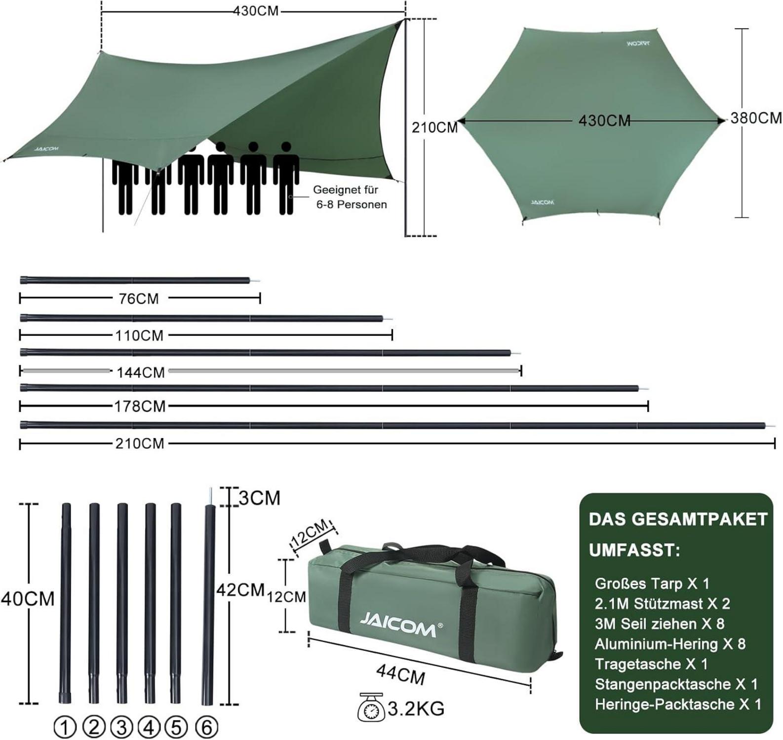 JAICOM Tarp 3,7x4,3 - Wasserdicht, Ultraleicht, UV-beständig