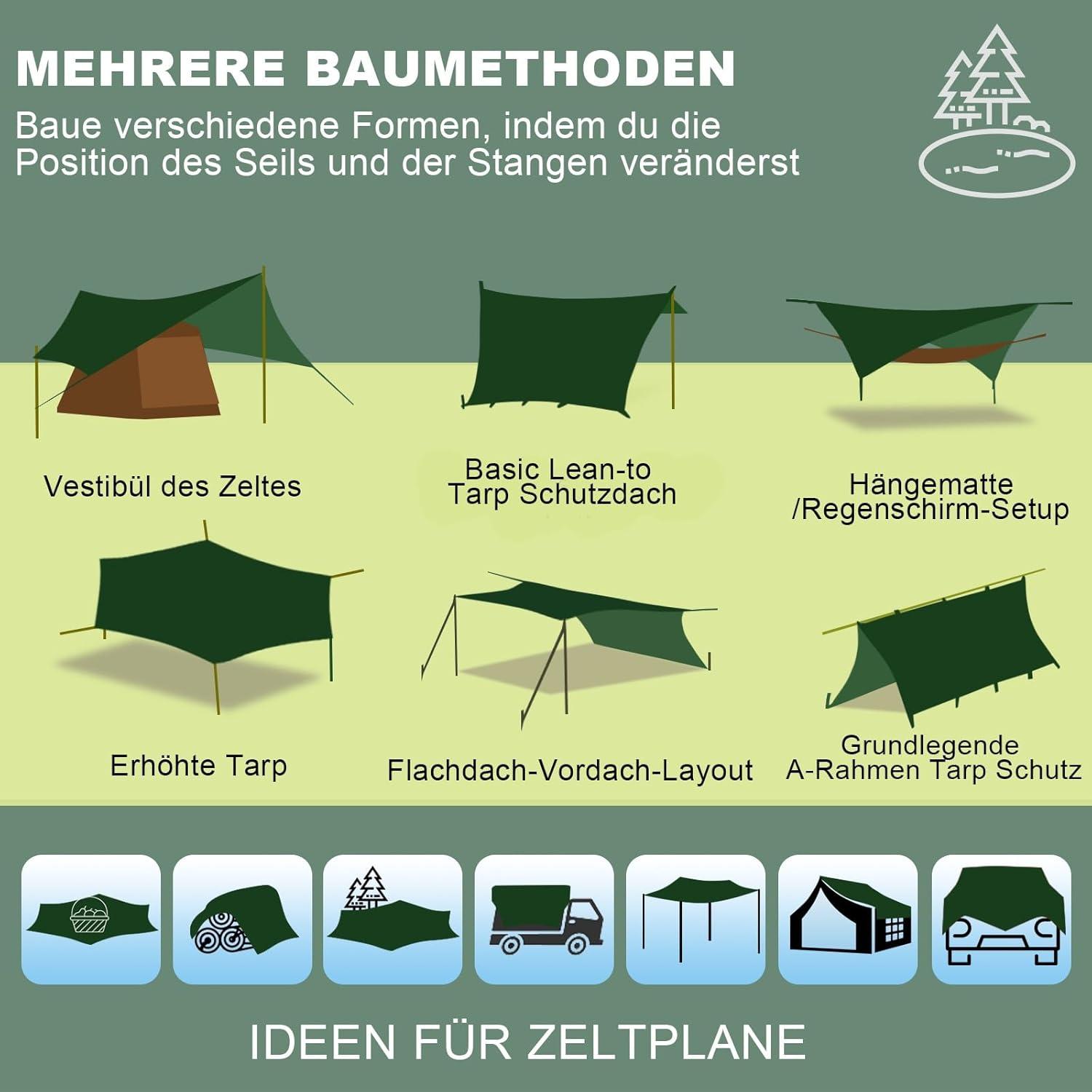 Wasserdichtes Ultraleicht Zeltplane 3,7x4,3 mit Stützstangen und