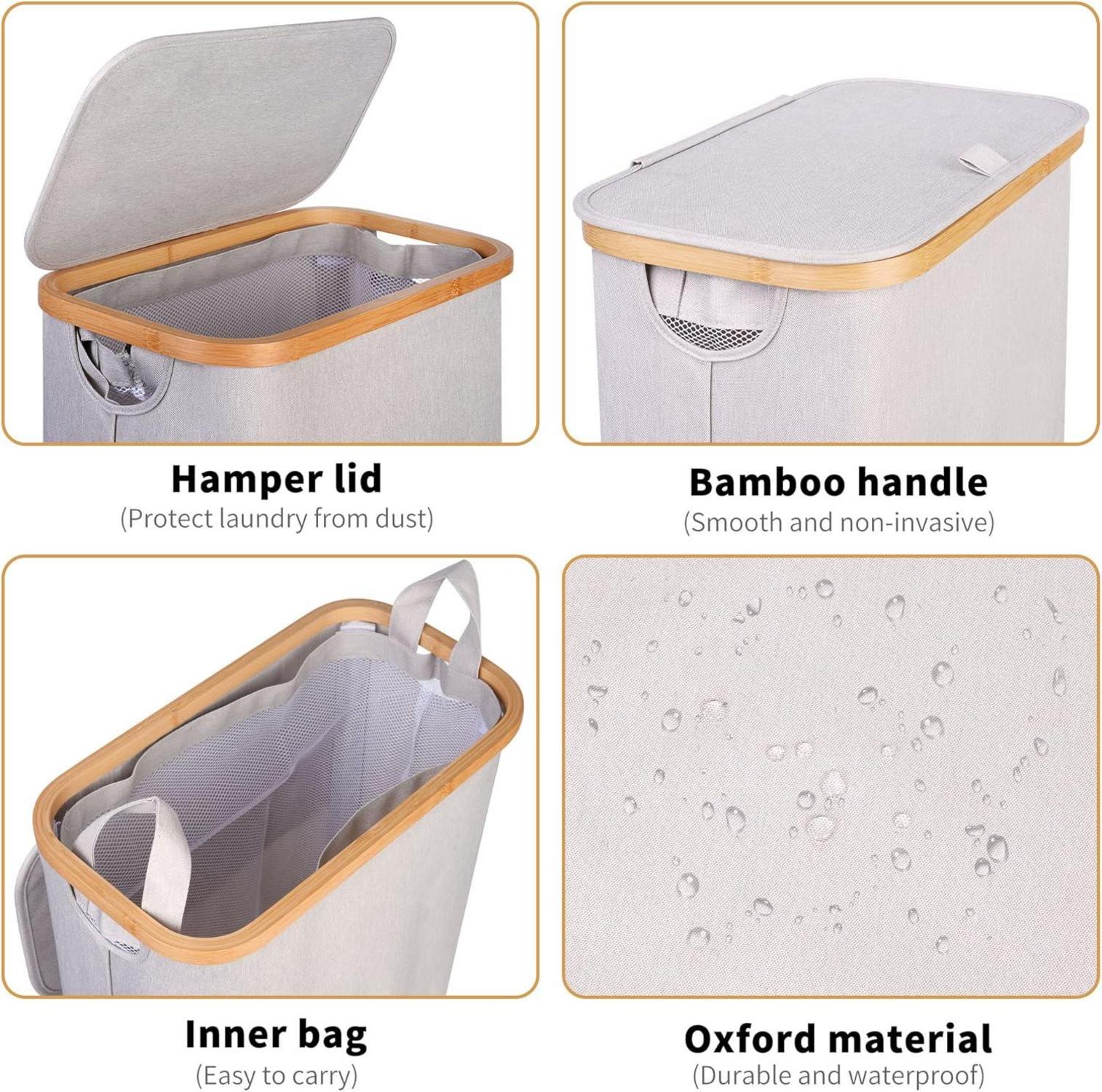 Wäschekorb 60l Slim Design mit Deckel und Bambusgriffen - Hellgrau