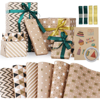 Geschenkpapier Set Geburtstag – 6 Blatt Kraftpapier mit Bändern