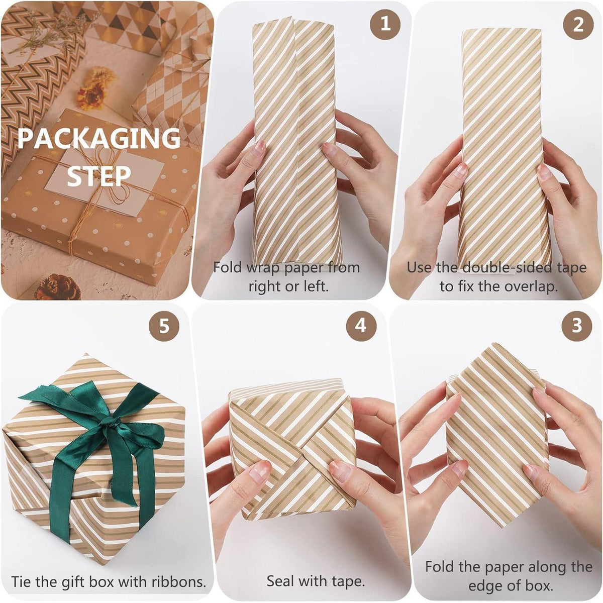 Geschenkpapier Set Geburtstag – 6 Blatt Kraftpapier mit Bändern
