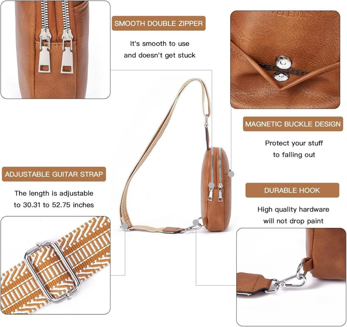 Telena Damen Bauchtasche Klein Crossbody Bag PU Leder Braun