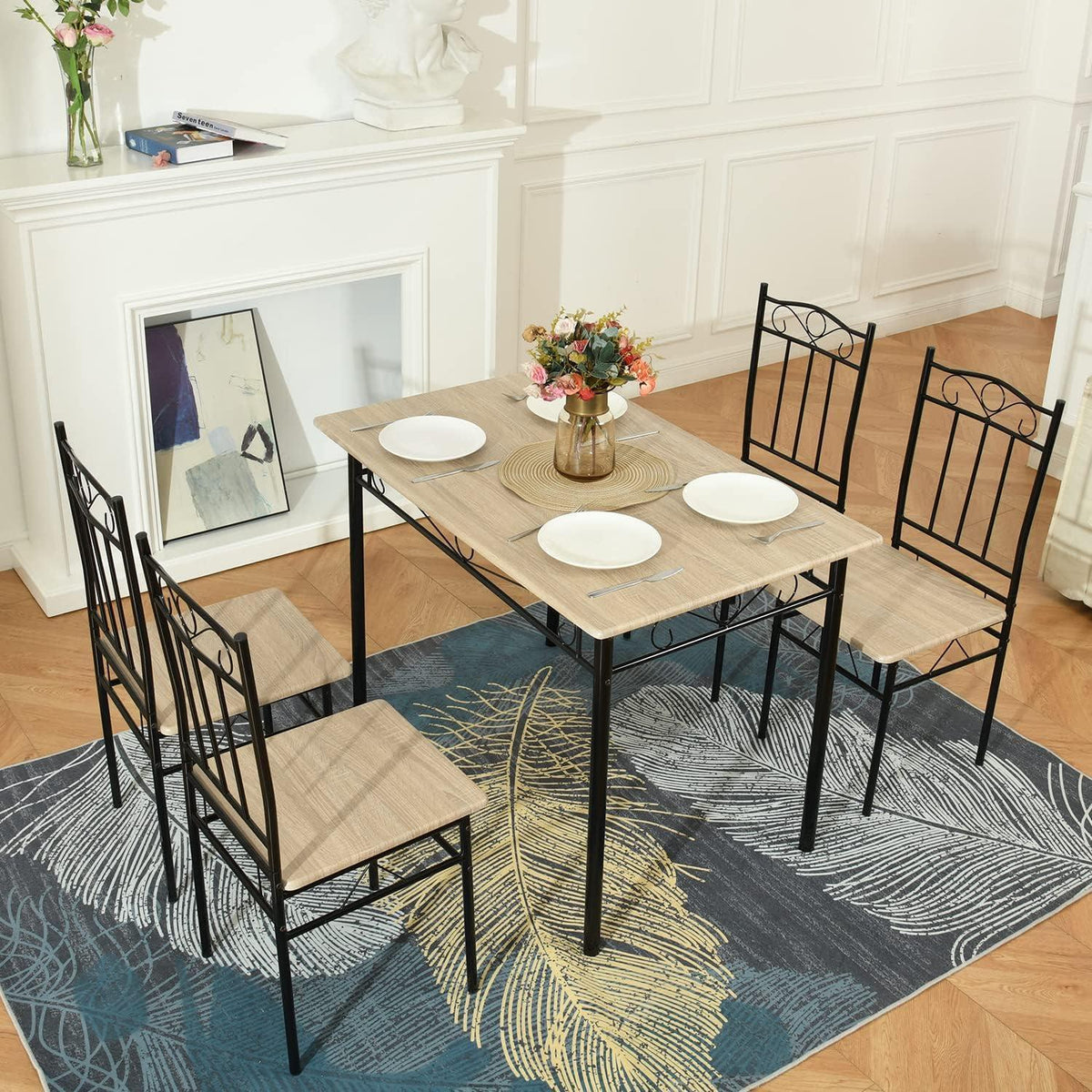 Esszimmer-Set Buchenholz mit Esstisch & 4 Stühlen, Schwarz