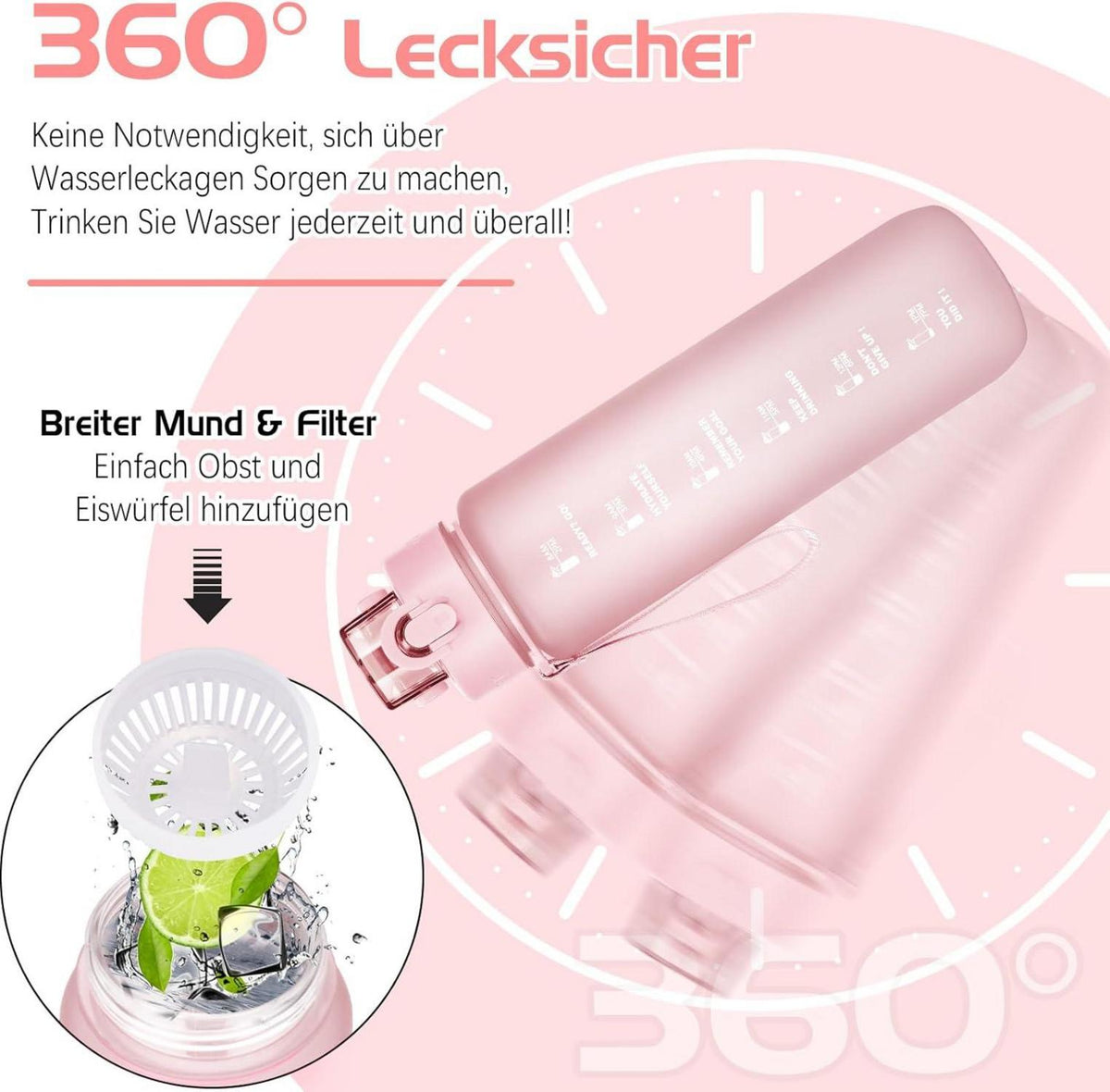 Sport Trinkflasche BPA-frei Zeitmarkierung 1l Auslaufsicher