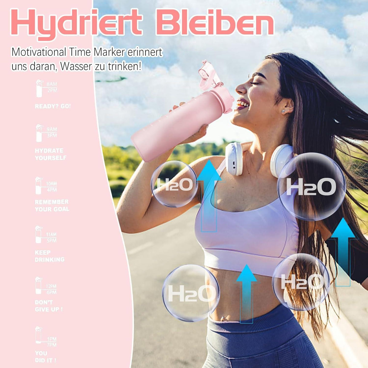 Sport Trinkflasche 1l BPA-Frei Auslaufsicher Zeitmarkierung Fitness Yoga