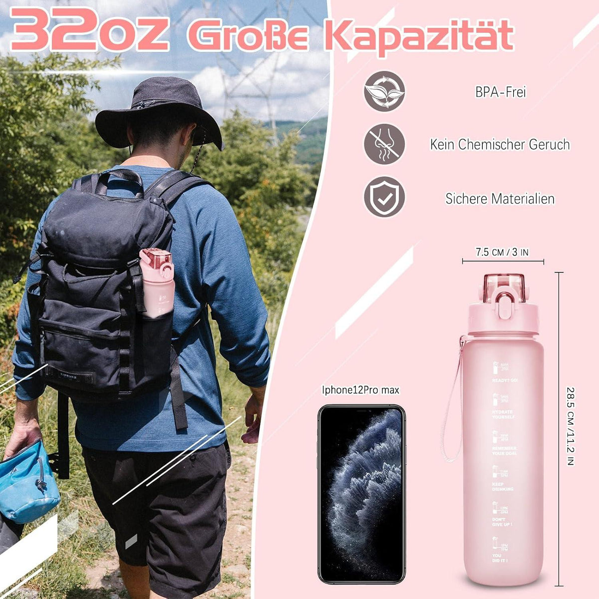 Trinkflasche 1l BPA-Frei Auslaufsicher Zeitmarkierung Sport Yoga