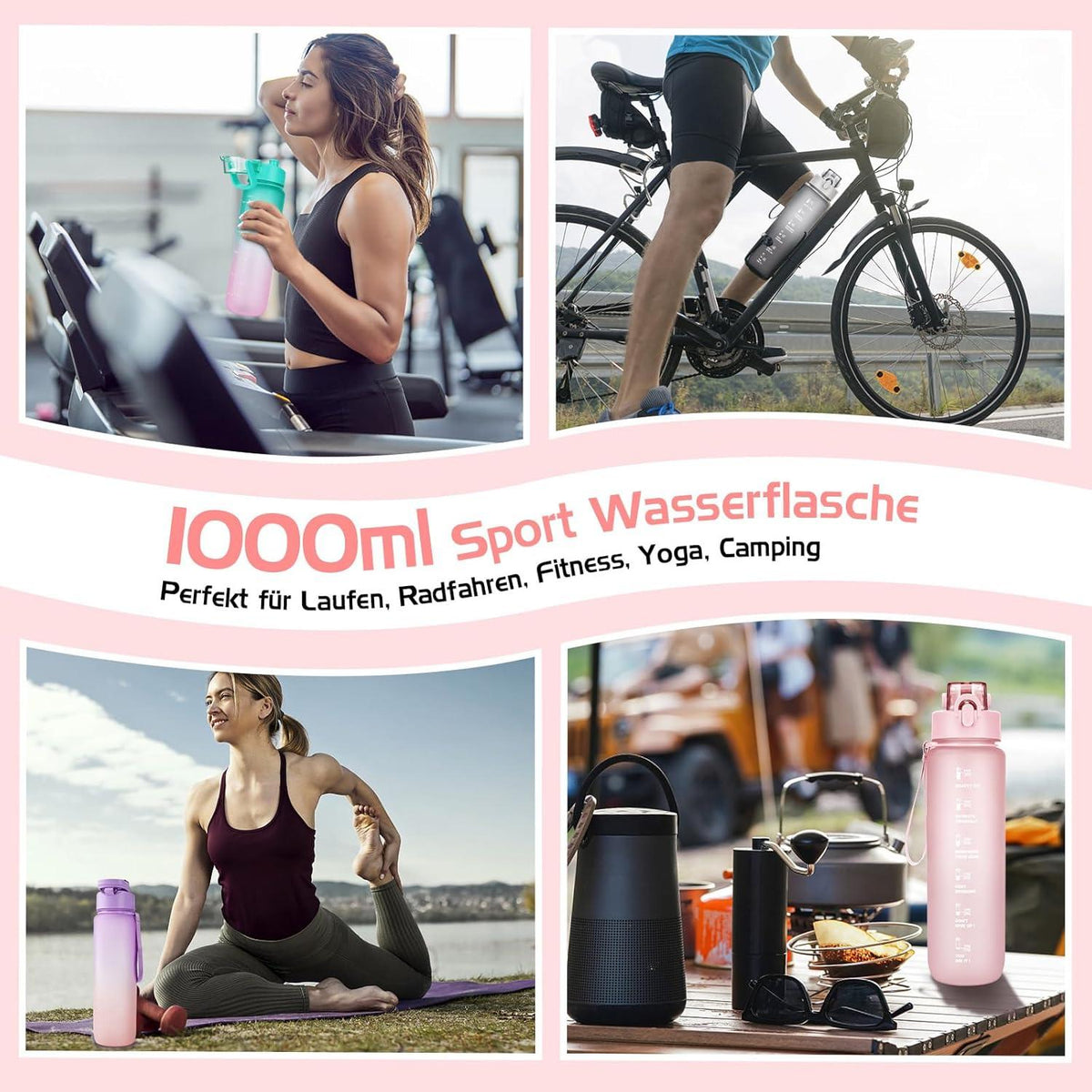 Sport Trinkflasche 1l BPA-Frei Auslaufsicher Zeitmarkierung Fitness Yoga