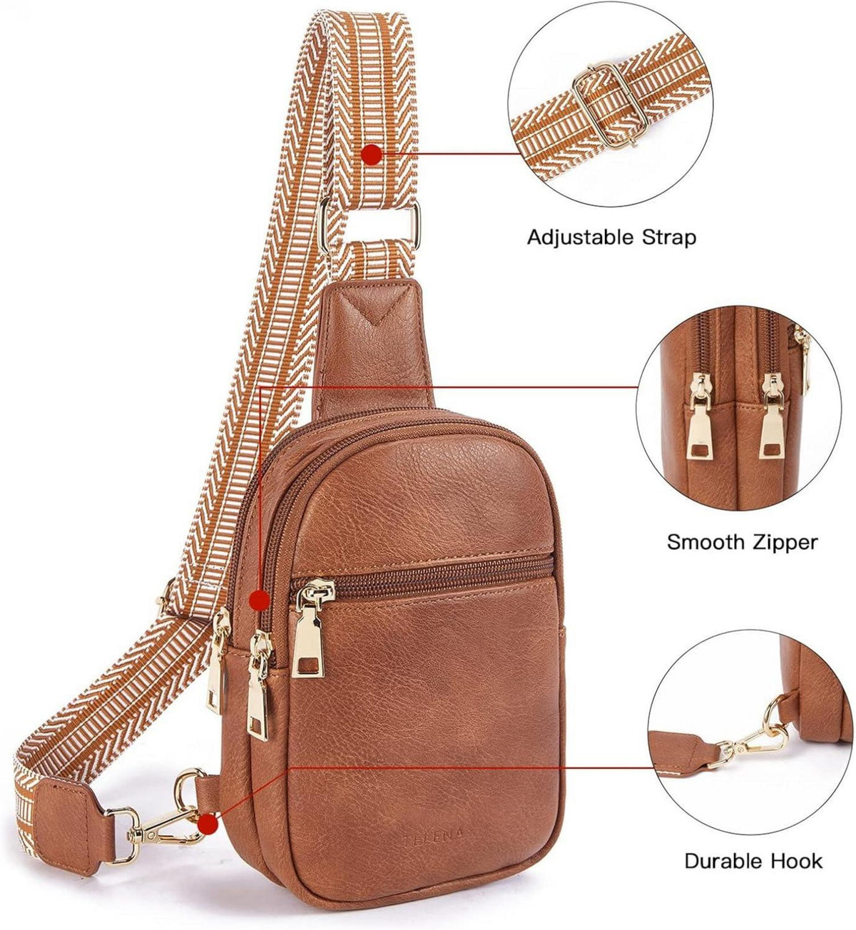 Telena Damen Bauchtasche Brusttasche Crossbody Bag Schultertasche Braun