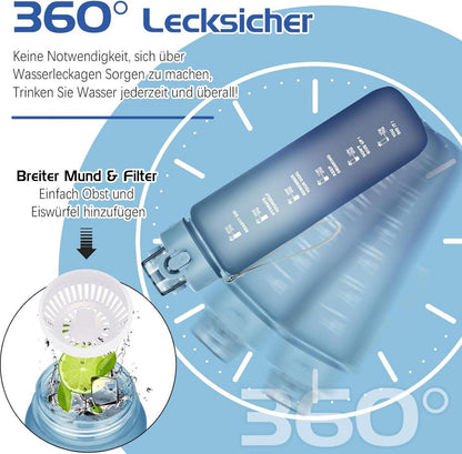 Trinkflasche 1l BPA-Frei Sport mit Zeitmarkierung Auslaufsicher