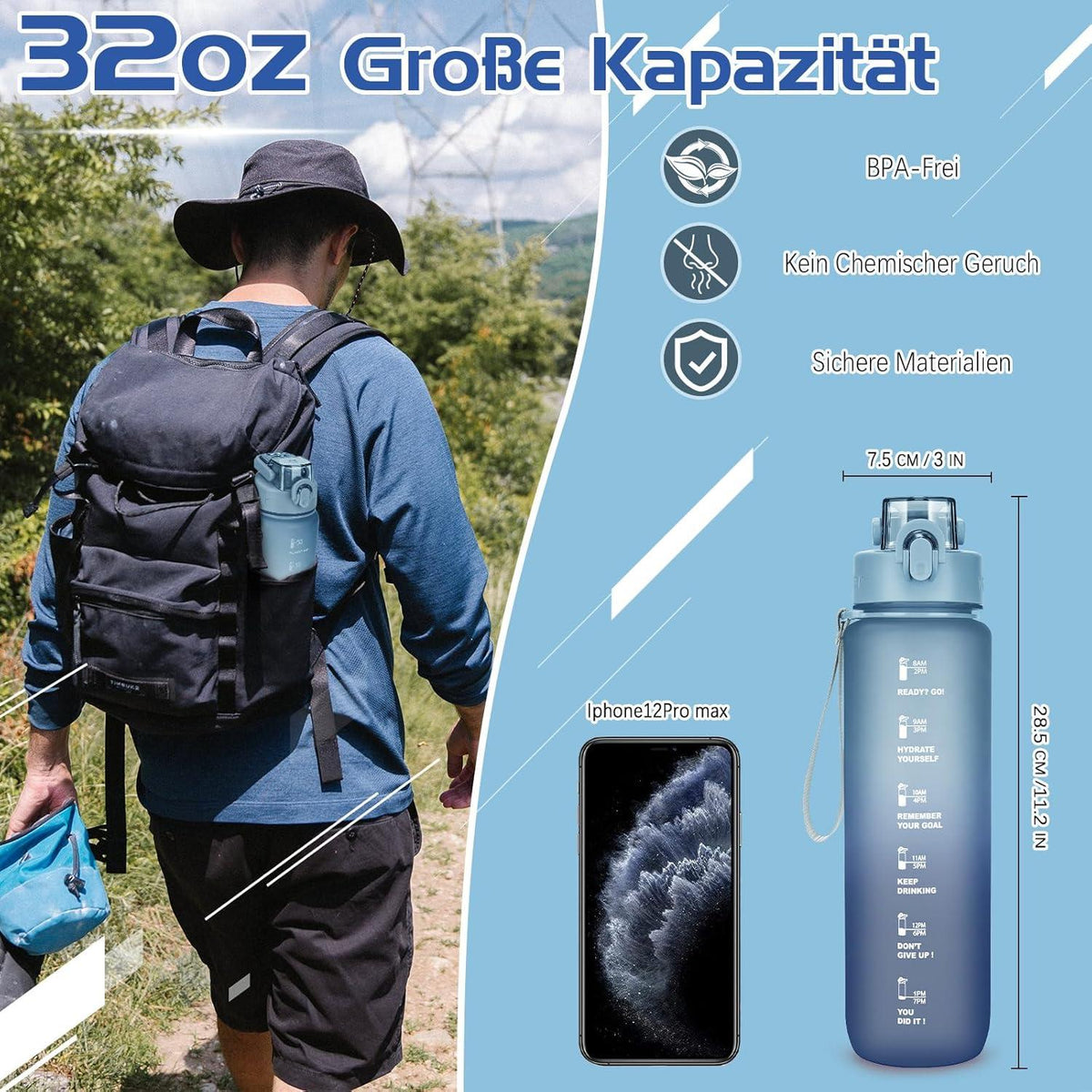 Trinkflasche 1l BPA-frei Sport Zeitmarkierung Dunkelblau Outdoor
