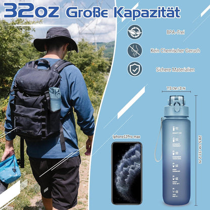 Trinkflasche 1l BPA-frei Sport Zeitmarkierung Dunkelblau Outdoor