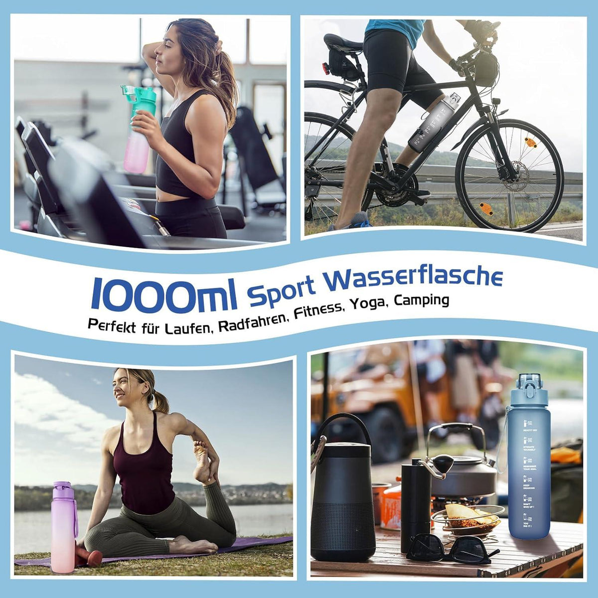 Sport Trinkflasche 1l BPA-Frei Auslaufsicher Zeitmarkierung Fitness Büro