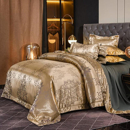 Satin Bettwäsche Set Gold 135x200 - Blumenmuster Jacquard