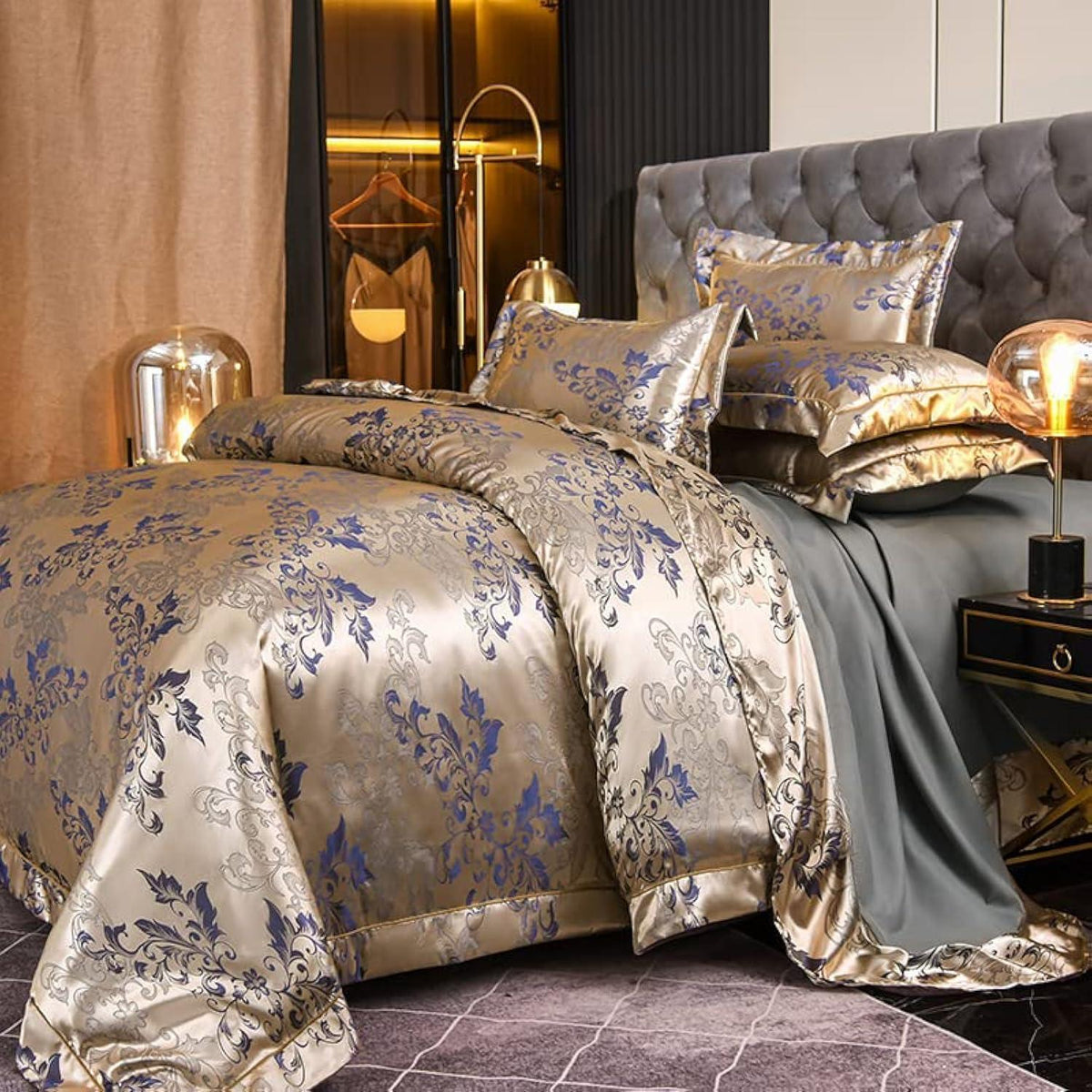 Satin Bettwäsche Set 135x200 Blumen Gold Blau Barock