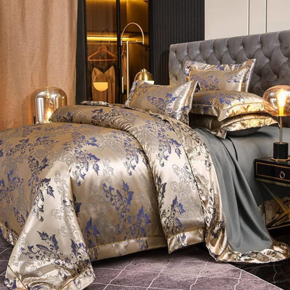 Satin Bettwäsche Set 135x200 Blumen Gold Blau Barock