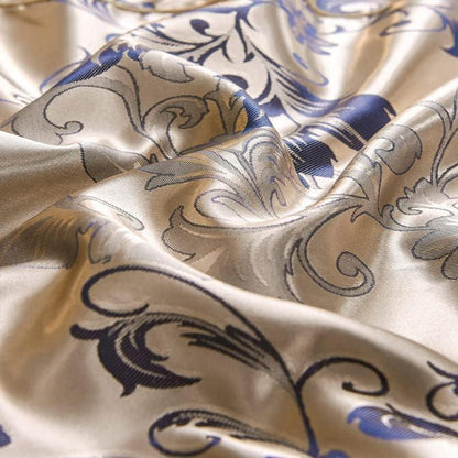 Satin Bettwäsche Set 135x200 Blumen Gold Blau Barock