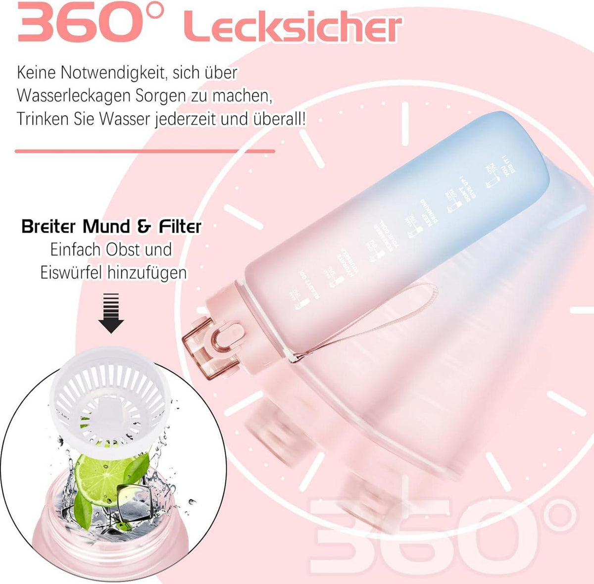 Sport Trinkflasche 1l BPA-frei Auslaufsicher Zeitmarkierung Fitness