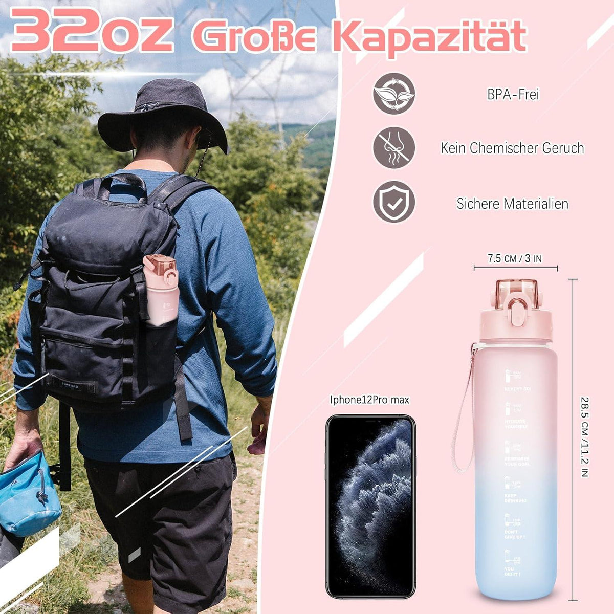 Trinkflasche 1l BPA-frei Sport Auslaufsicher mit Zeitmarkierung