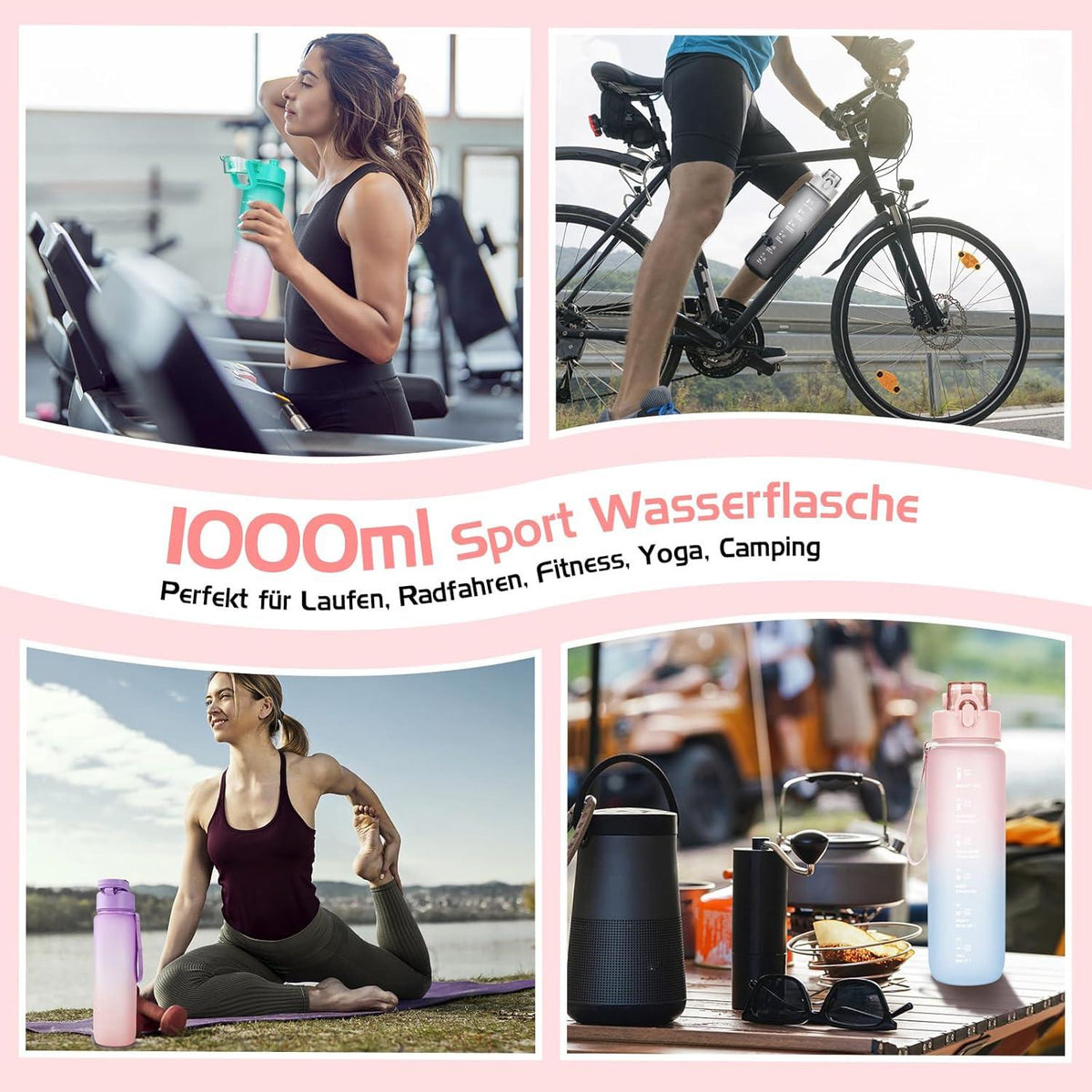 Sport Trinkflasche 1l BPA-Frei Auslaufsicher mit Zeitmarkierung Fitness Outdoor