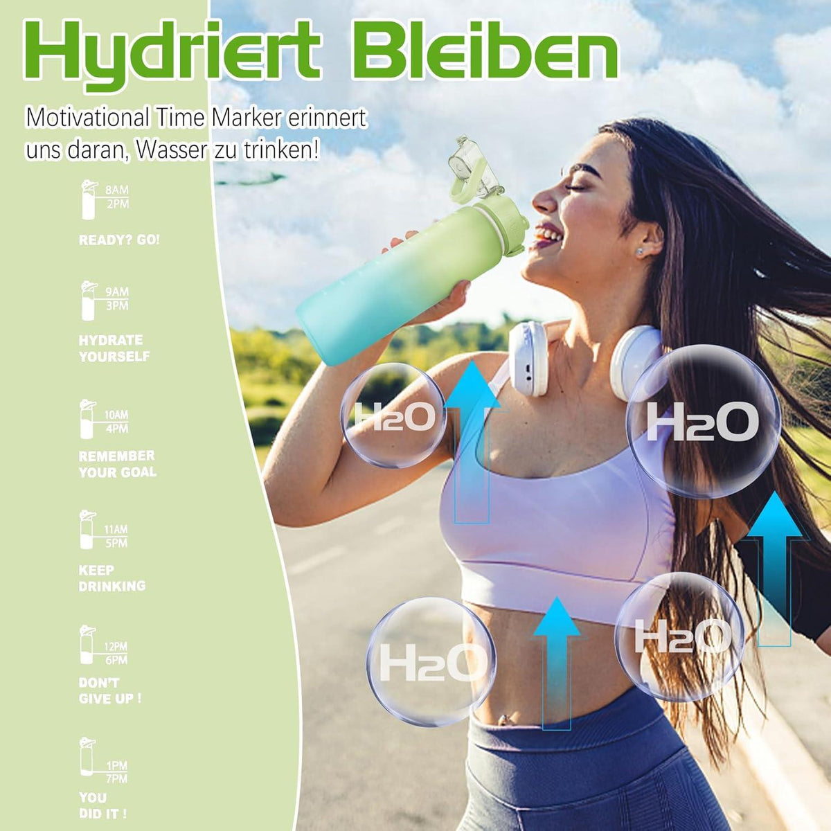 Trinkflasche 1l BPA-frei Auslaufsicher Sportflasche Zeitmarkierung Fitnes
