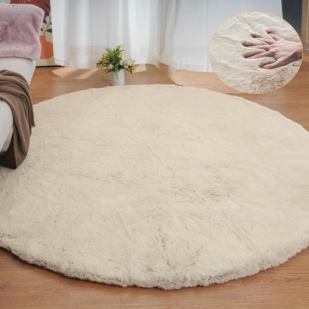 Runder Flauschteppich Beige 180cm – Kuschlig & Waschbar