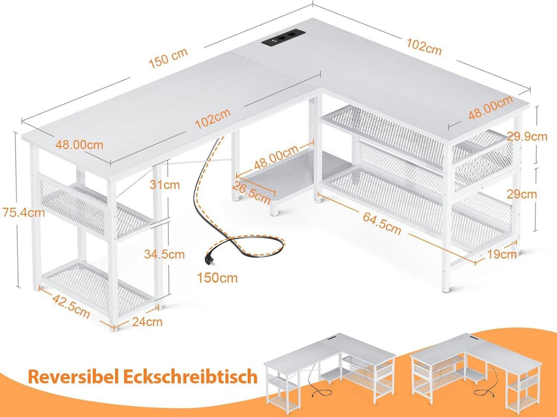 Gaming Schreibtisch L-Form mit USB-Anschlüssen und Stauraum