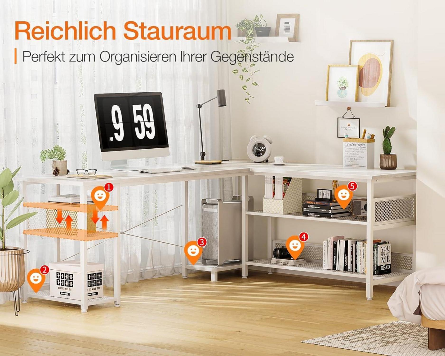 Gaming Schreibtisch L-Form Weiß mit großer Stauraumfläche 168×120cm