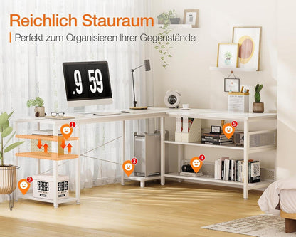 Gaming Schreibtisch L-Form Weiß mit großer Stauraumfläche 168×120cm