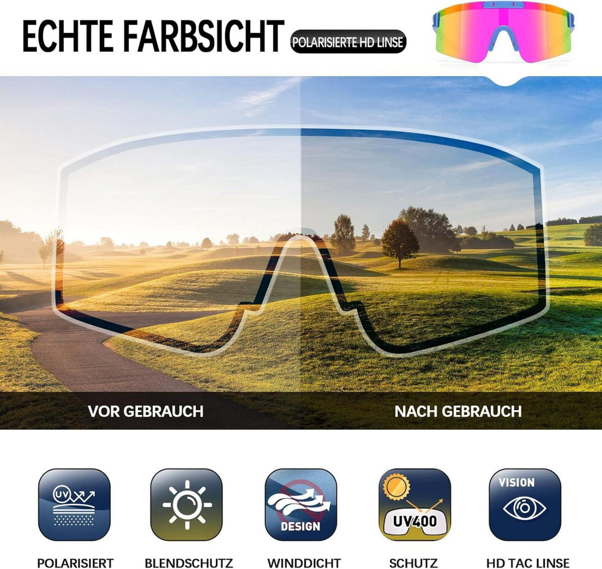 Polarisierte Sportbrille für Herren Damen - UV400 Schutz Blue Pink