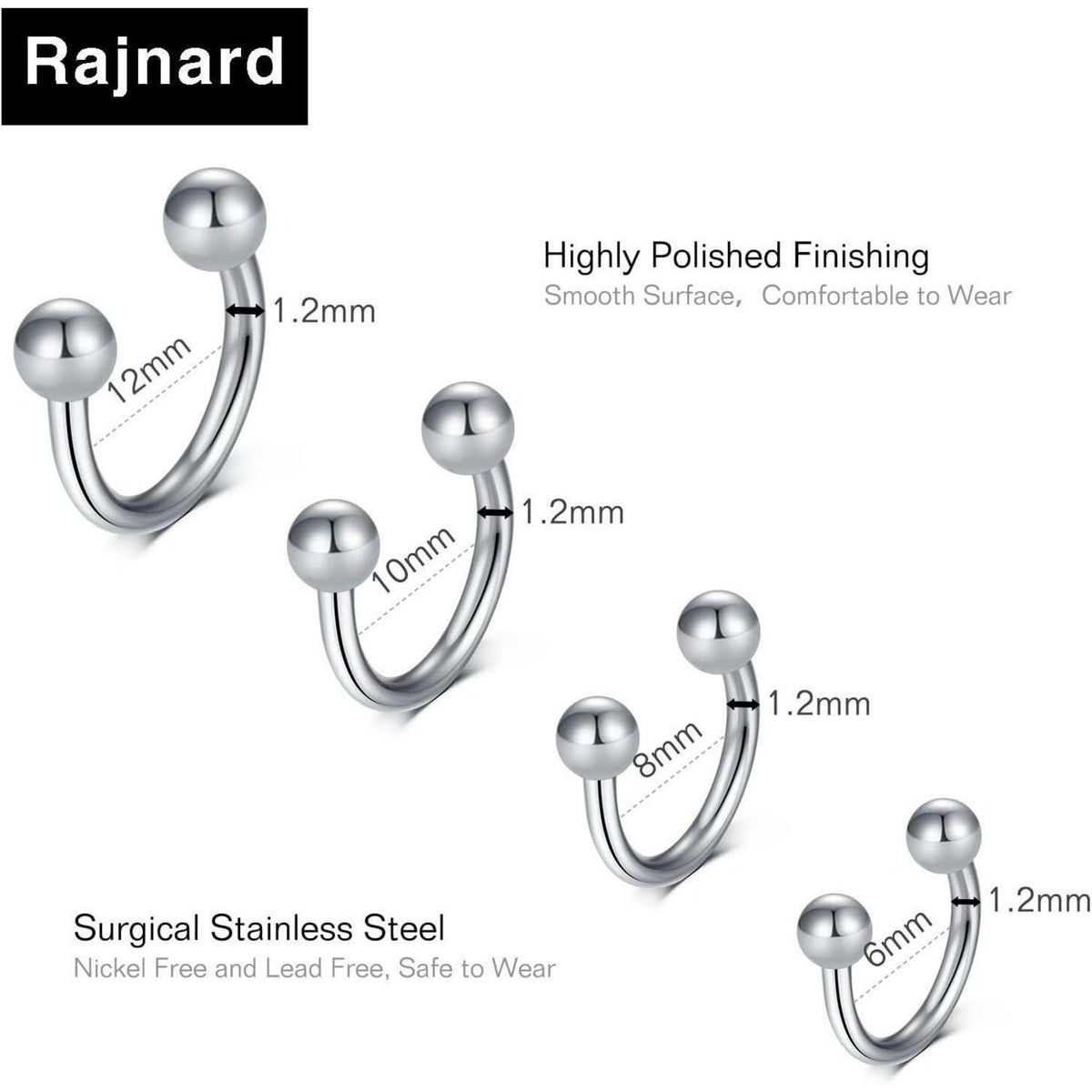 Hufeisen Nasenring Piercing Set 24tlg. Silber, Schwarz, Roségold 16G