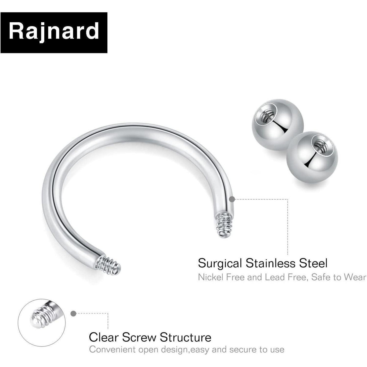 Hufeisen Nasenring Piercing Set 24tlg. Silber, Schwarz, Roségold 16G