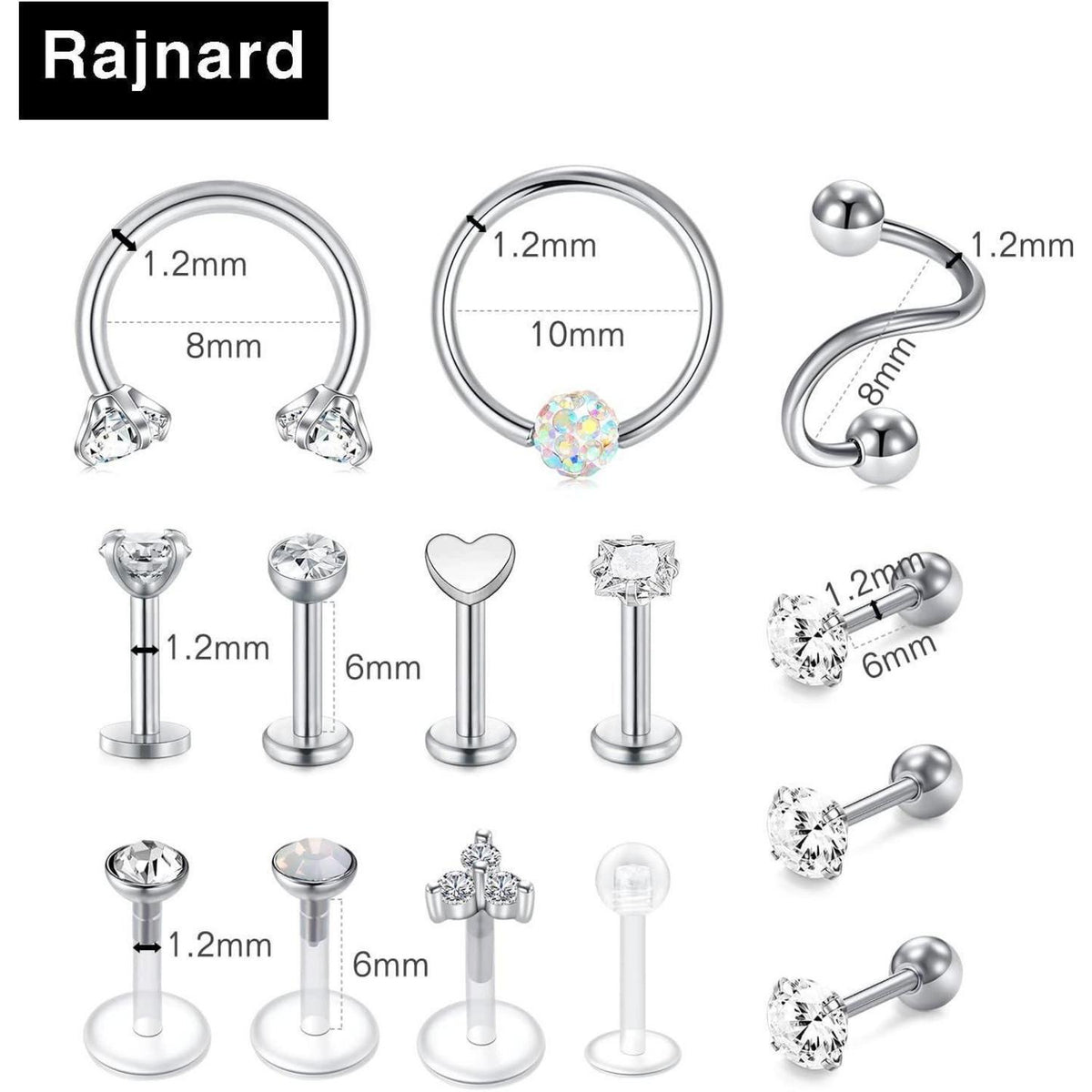 Chirurgenstahl Tragus Helix Piercing Set 14 Stück Silber