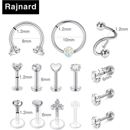Chirurgenstahl Tragus Helix Piercing Set 14 Stück Silber