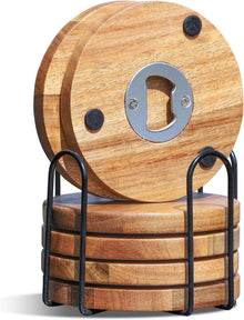 Holz Untersetzer Set 6er Glasuntersetzer Flaschenöffner rund Halter