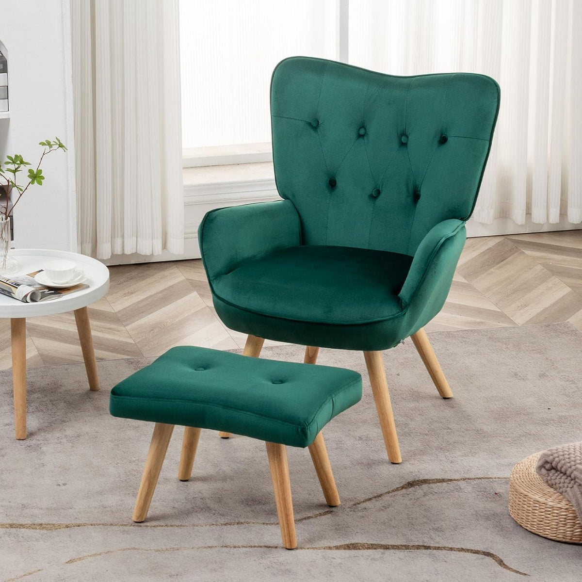Ohrensessel mit Hocker, Grün – Bequemer Samt Relaxsessel