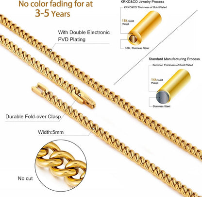 Herren Panzerkette Edelstahl 18K Gold Vergoldet 5mm 45.7cm