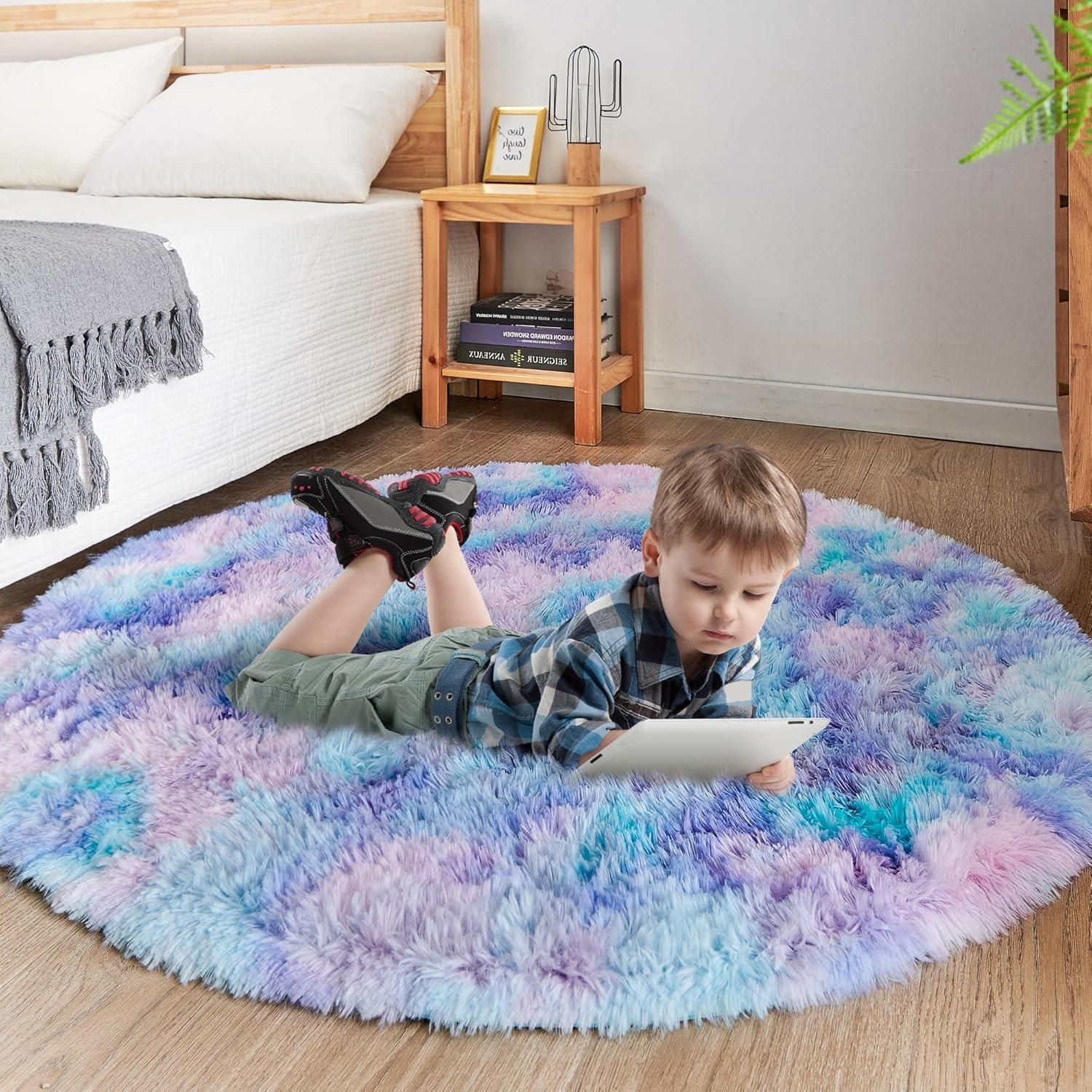 Plüsch Teppich Rund Mädchen Kinderzimmer Blau-violett 150x150cm Wohnteppich